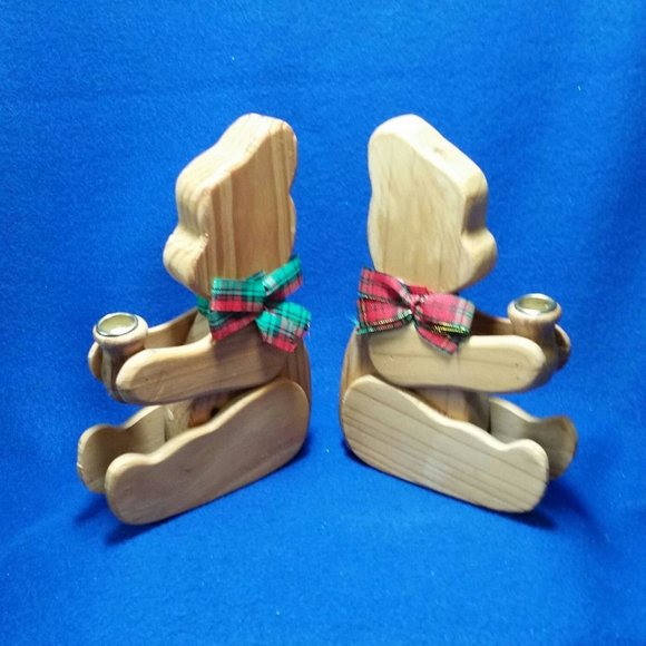 Wooden Teddy Bear Candlestick Holder Set Christmas Around The World Set of 2 - Picture 8 of 10
